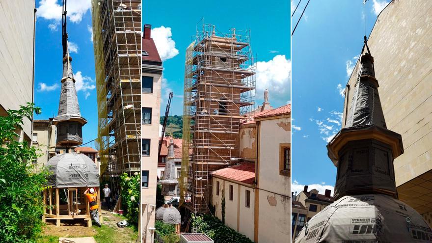 La iglesia de la Pola ya tiene chapitel: así ha sido la llegada y montaje del elemento con el que culmina la torre oeste