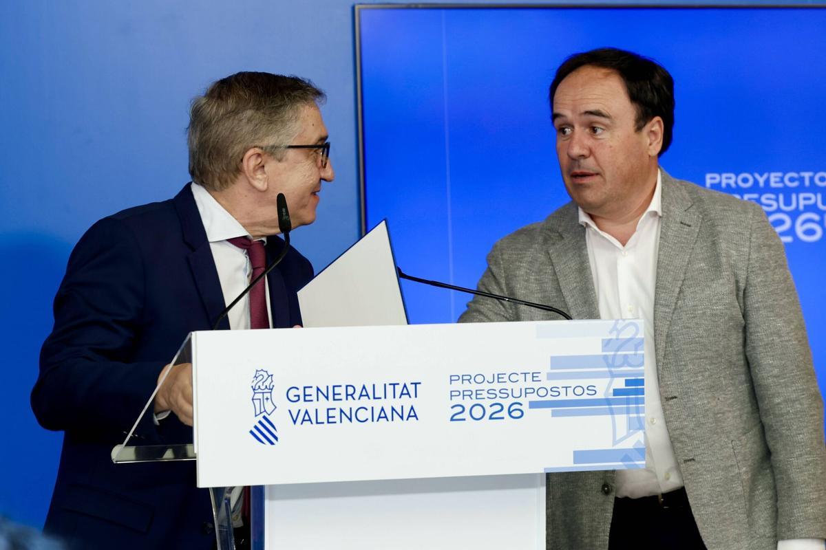 Valencia. Presentación de los nuevos presupuestos 2026 de la Generalitat Valenciana Juanfran Pérez Llorca José Antonio Rovira Susana Camarero VLC