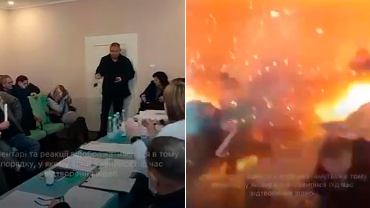 Moment quan un regidor ucraïnès detona diverses granades al ple d'un ajuntament