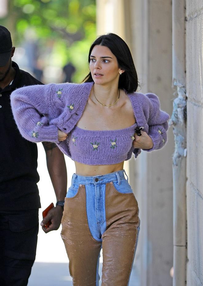 Kendall Jenner con 'crop top' y cárdigan de punto morado con bordados florales, de Alessandra Rich
