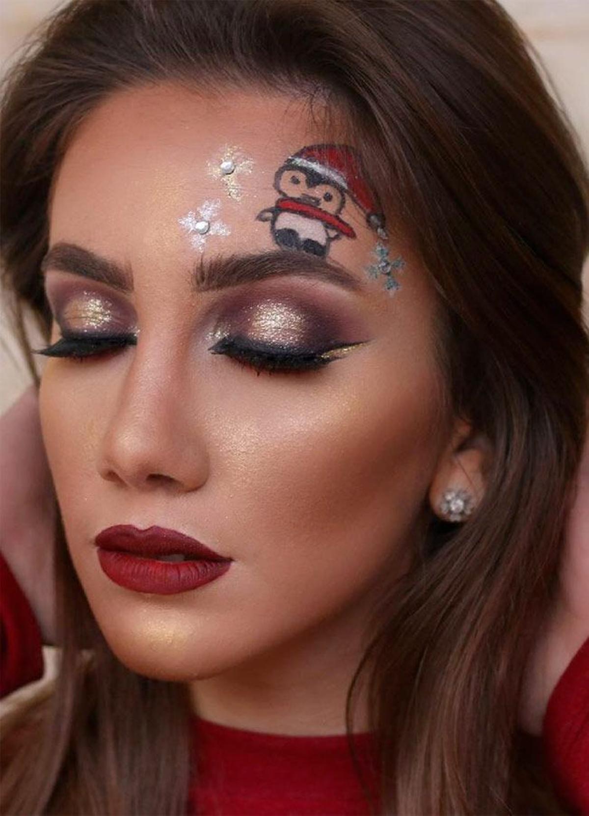 Maquillaje de Navidad con estrellas y pingüino