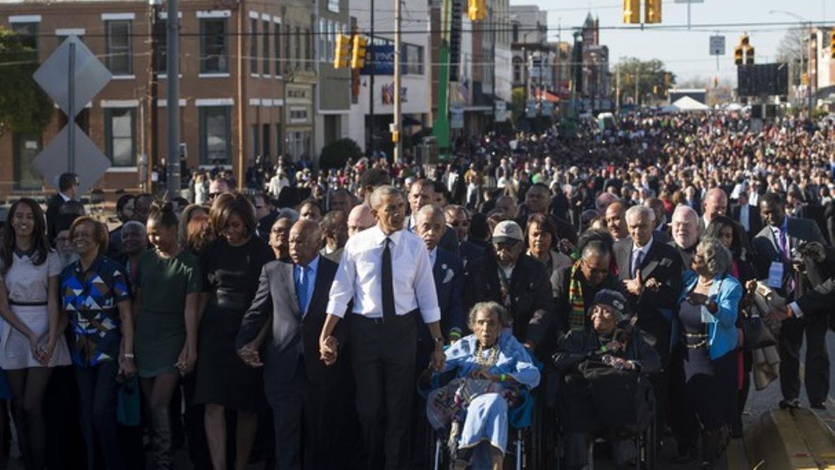 Barack Obama , en una marcha en el aniversario de la declaración de los derechos civiles
