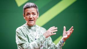 FILED - 25 November 2023, Baden-Wuerttemberg, Karlsruhe: Margrethe Vestager, European Commissioner for Competition, speaks to delegates during the federal party conference of Alliance 90/The Greens (Buendnis 90/Die Gruenen). The European Commission is tak