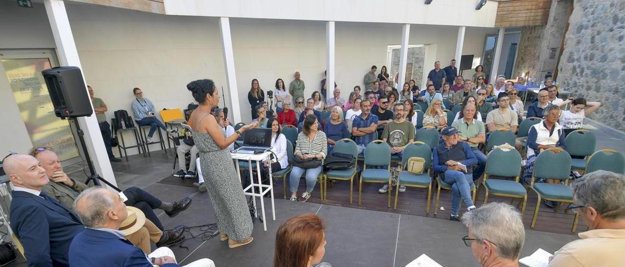 Carolina Socorro, de Enfocarte, durante la mesa redonda para tratar el Plan Especial del Risco de San Nicolás, que se celebró la semana pasada en Castillo de Mata
