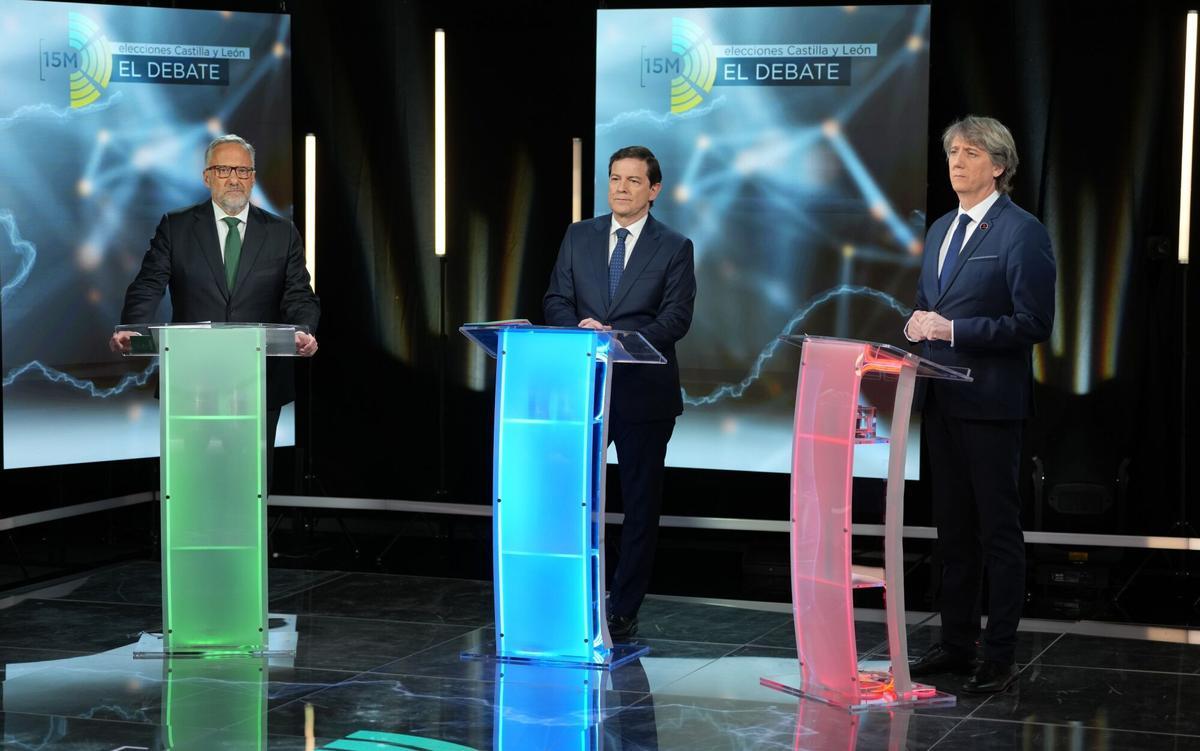 El candidato de Vox a la Presidencia de la Junta de Castilla y León, Carlos Pollán; el candidato del PP, Alfonso Fernández Mañueco; y el candidato del PSOE Carlos Martínez.