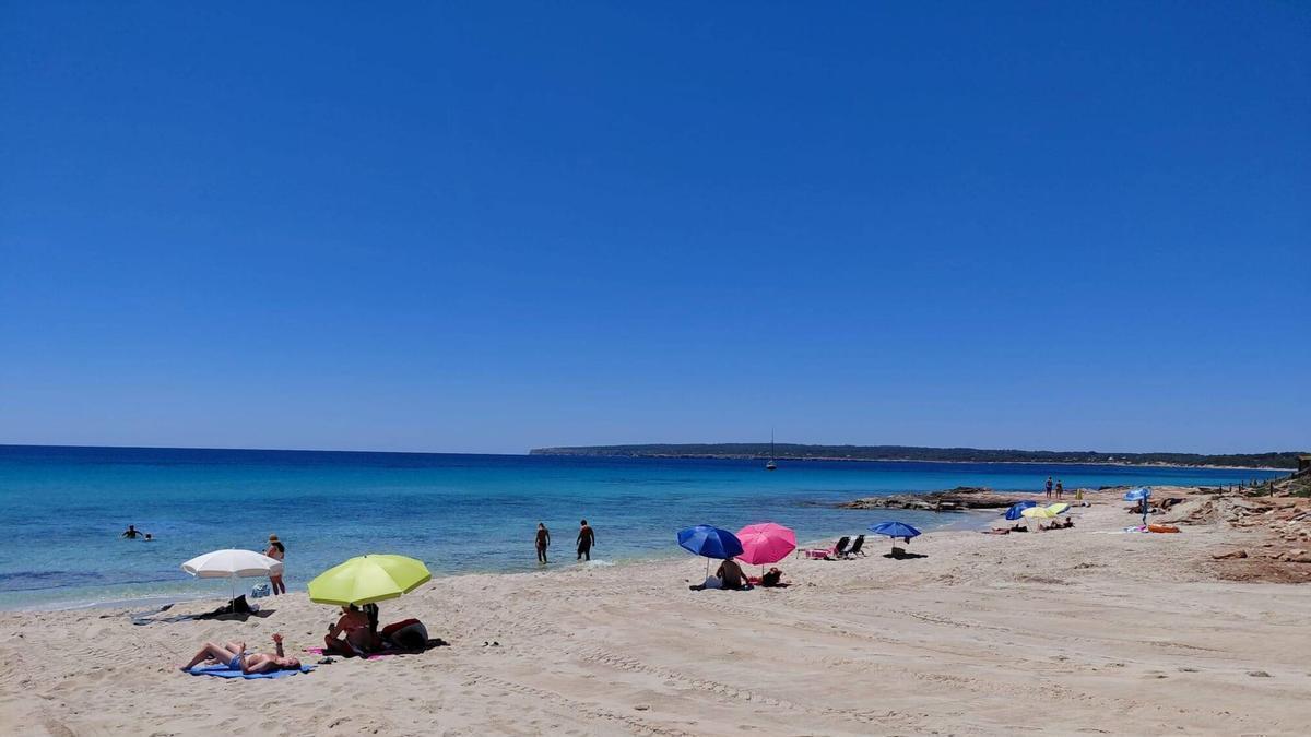 Tramo de la playa de Migjorn, en Formentera, sin hamacas ni sombrillas en junio de 2026