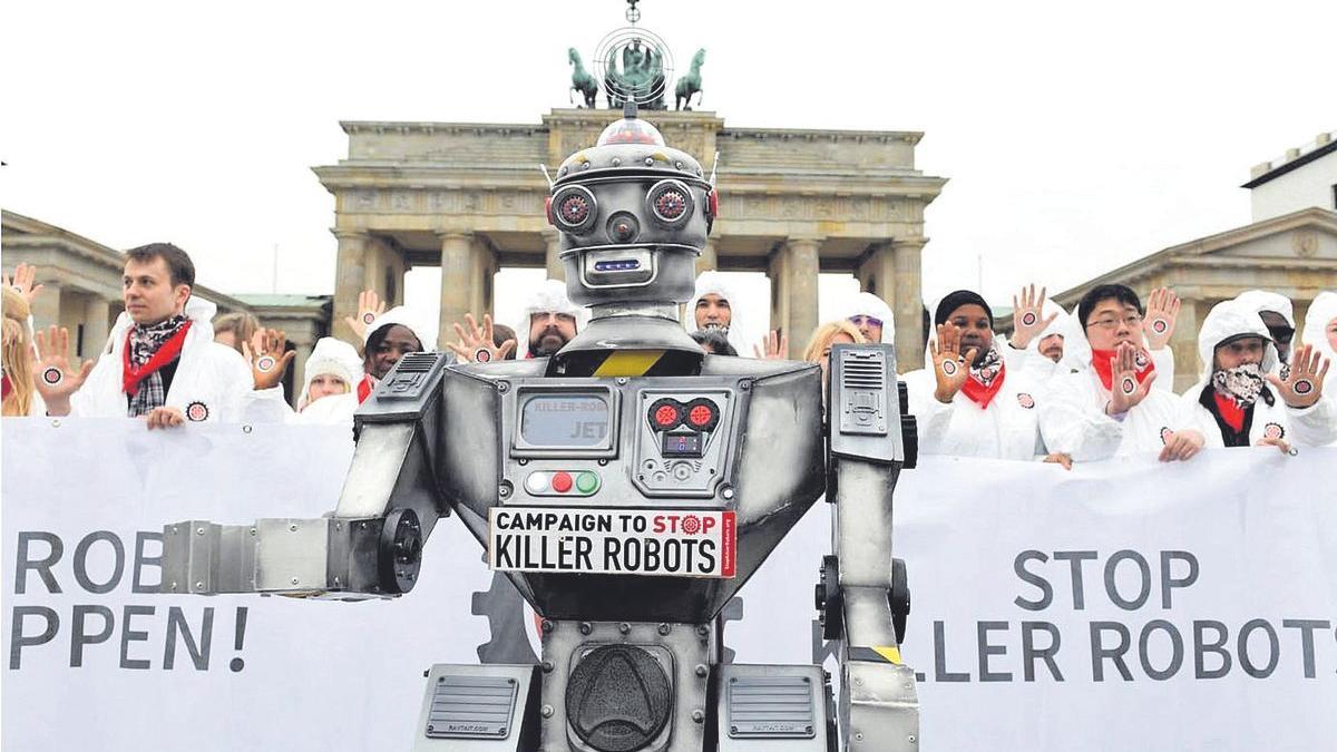 Manifestación contra los robots asesinos en Berlín.