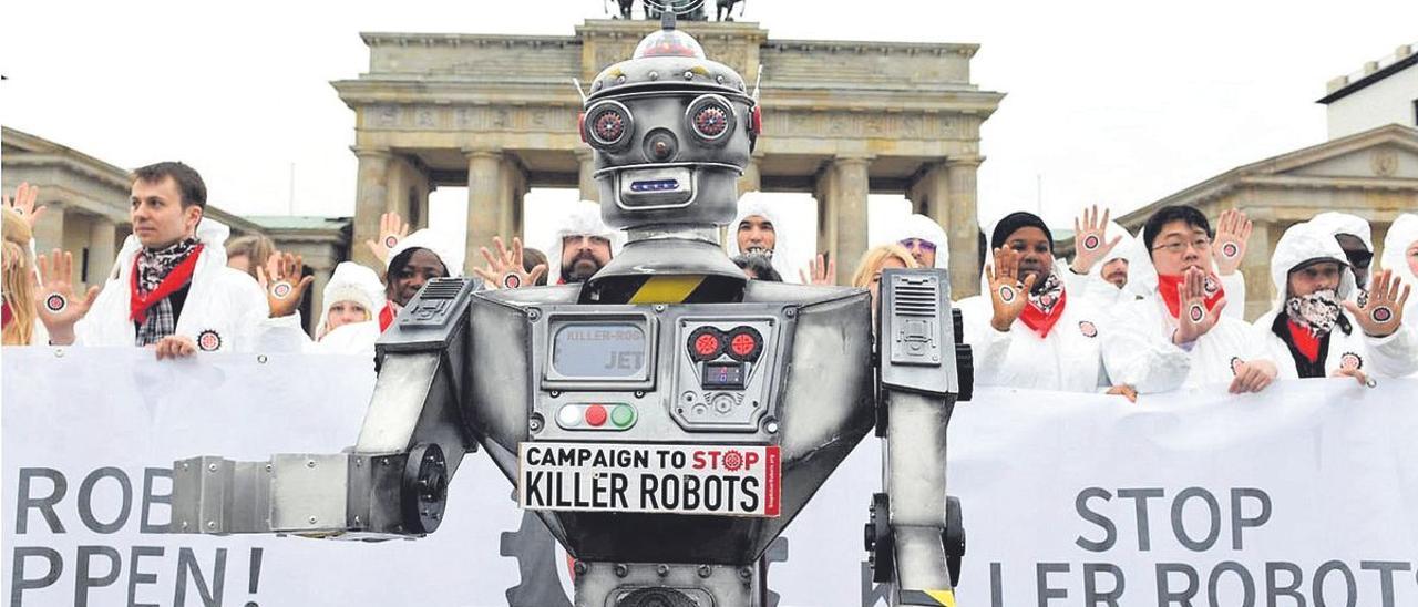 Manifestación contra los robots asesinos en Berlín.