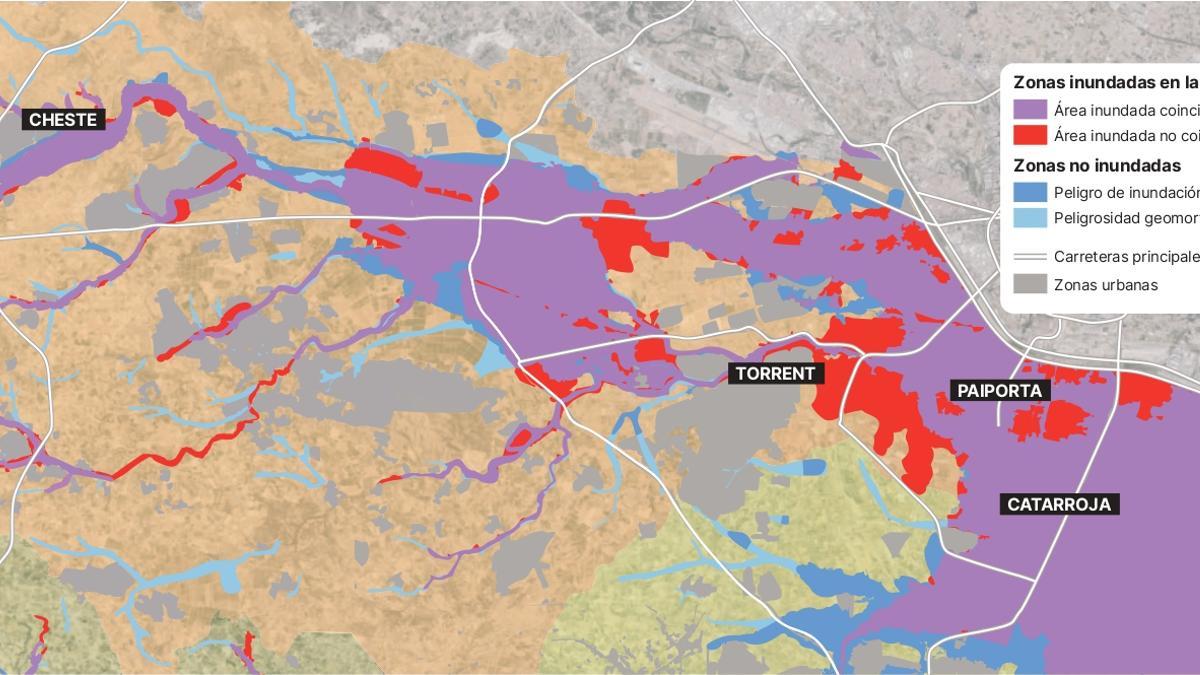 Comparación entre zonas inundables según la cartografía de peligrosidad y las zonas inundadas el 29-O.