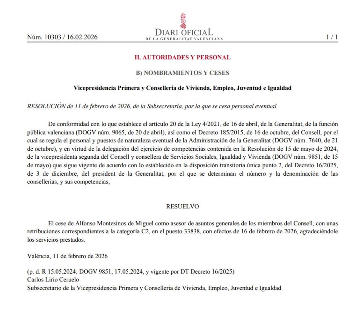 Resolución en el DOGV del cese de Alfonso Montesinos como asesor de la Vicepresidencia Primera del Consell.