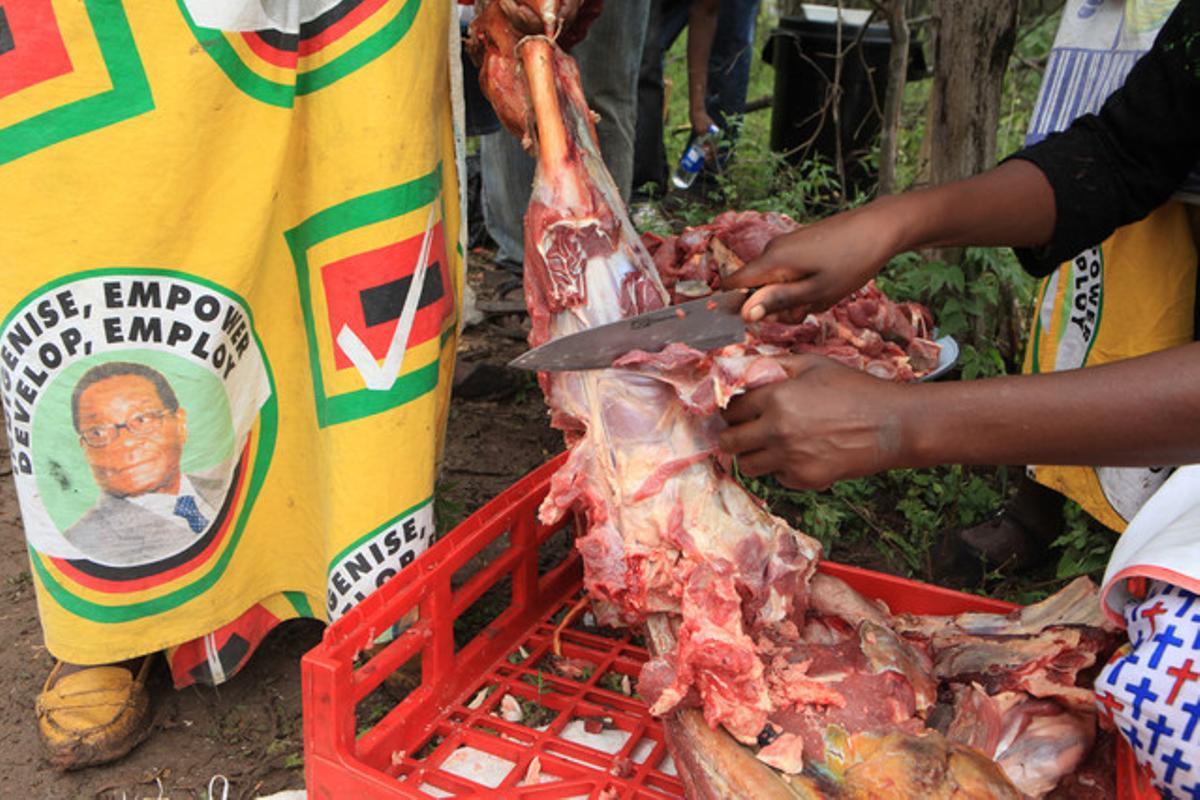 Partidaris de Mugabe reparteixen carn entre els assistents al seu aniversari.