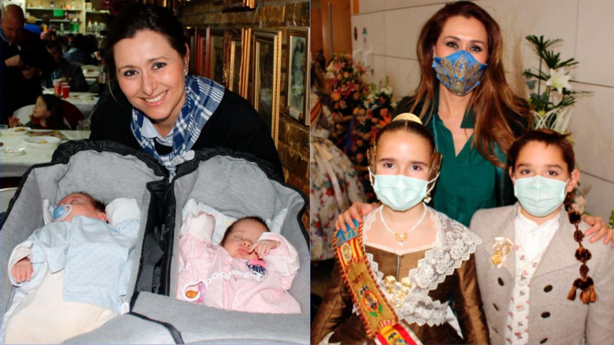 Elena Muñoz y sus hijos, en 2012 y 2022, de bebés a representantes de la Falla Telefónica