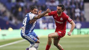 Tyrhys Dolan of RCD Espanyol and Juan Iglesias of Getafe CF compete for the ball during the Spanish league, LaLiga EA Sports, football match played between RCD Espanyol and Getafe CF at RCDE Stadium on March 21, 2026 in Cornella, Spain. AFP7 21/03/2026 ONLY FOR USE IN SPAIN. Javier Borrego / AFP7 / Europa Press;2026;Soccer;Sport;ZSOCCER;ZSPORT;RCD Espanyol v Getafe CF - LaLiga EA Sports;