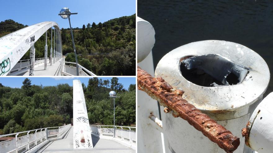 Vandalismo en el entorno termal: daños en dos farolas de la pasarela de Outariz