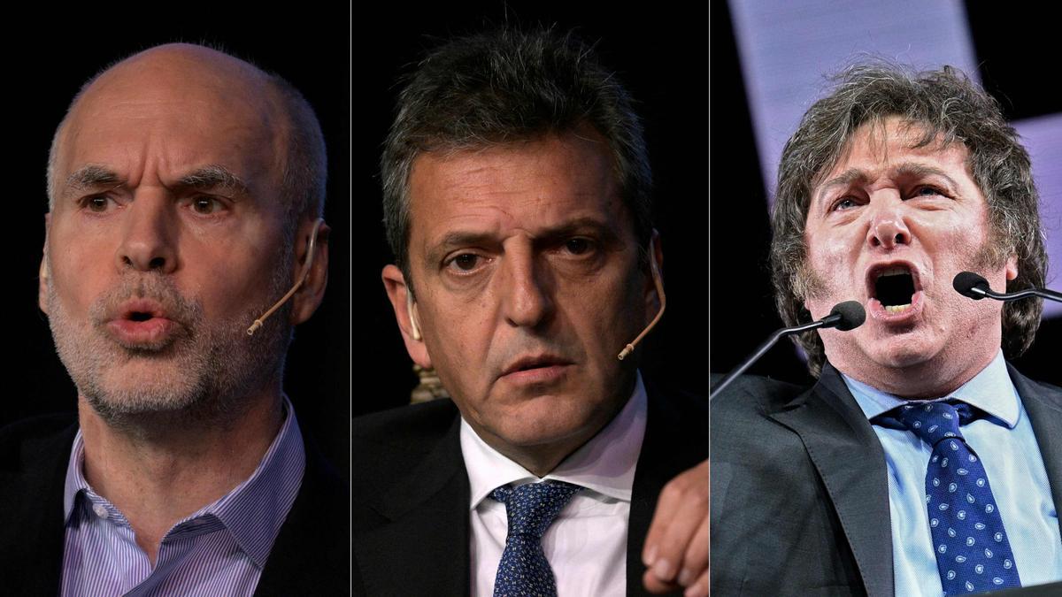 Los candidatos a las primarias argentinas Patricia Bullrich, Horacio Rodríguez Larreta, Sergio Massa, Javier Milei y Juan Grabois.