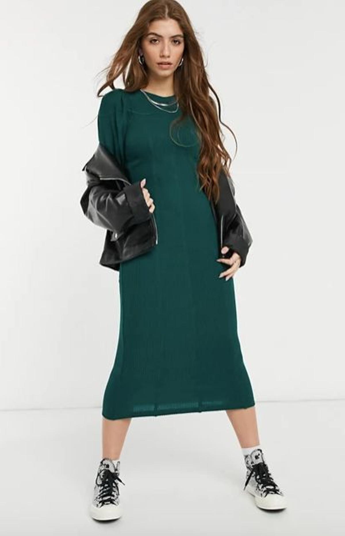 Vestido largo verde azulado con diseño de paneles cosidos de canalé de Topshop