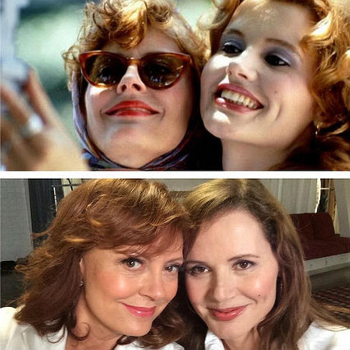 Susan Sarandon i Geena Davis, a dalt, en el mític fotograma de la pel·lícula de Ridley Scott de 1991. A sota, a la foto actualitzada que les ha tornat a unir i a ’viralitzar’ a internet.