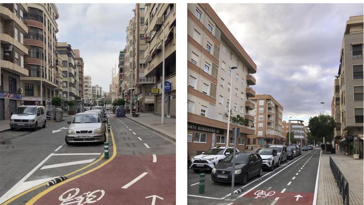 Las dos imágenes facilitadas por Margalló y CC. OO. sobre los dos carriles bicis