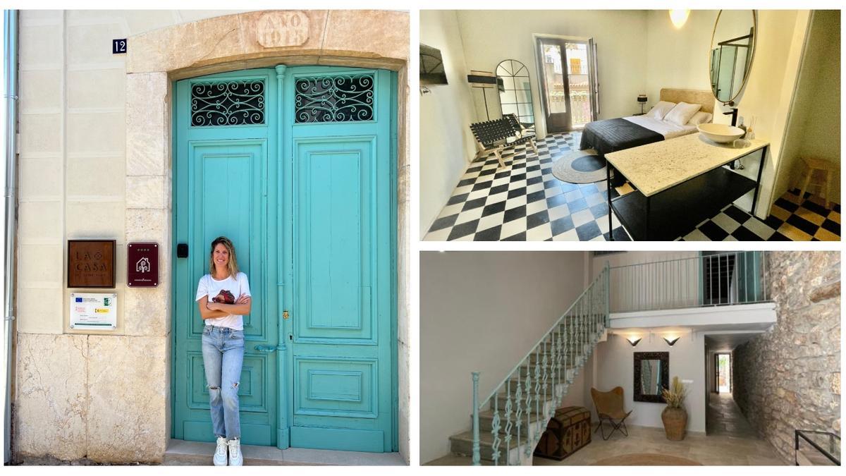 Elena Cid, delante de la puerta de La Casa del Carrer Major. Al lado, algunas fotos de esta casa rural de lujo.