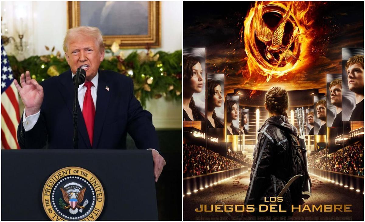 Donald Trump, a l'esquerra, i un cartell promocional del film 'Els jocs de la fam', a la dreta