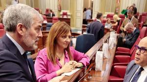 El presidente Fernando Clavijo y la consejera Nieves Lady Barreto conversan con el diputado José Miguel Barragán.