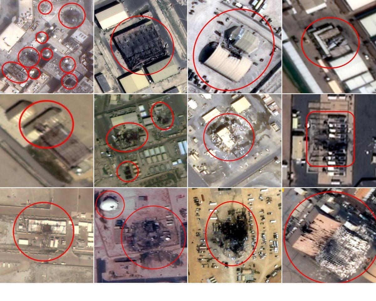 De izquierda a derecha, y de arriba abajo: Naval Support Activity Bahrain, Isa Air Base, Riffa Air Base, Erbil International Airport, Harir Air Base, Ali al-Salem Air Base, Camp Arifjan, Camp Buehring, Shuaiba Port, al-Udeid Air Base, Prince Sultan Air Base, al-Dhafra Air Base. (Iran state-affiliated media)