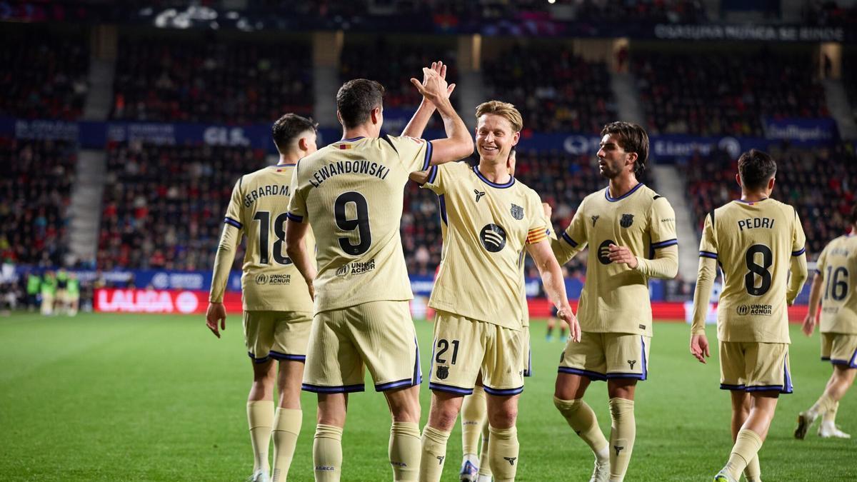 El equipo celebra un gol en El Sadar.