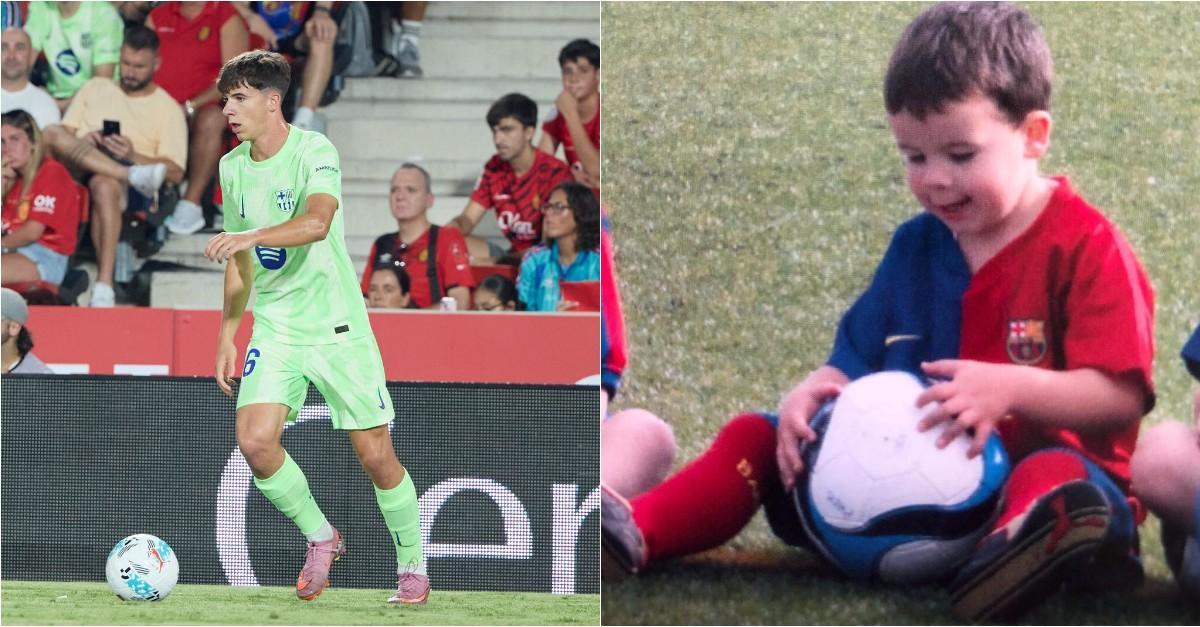 Jofre, en una imagen de su debut y otra de pequeñito con la camiseta del Barça