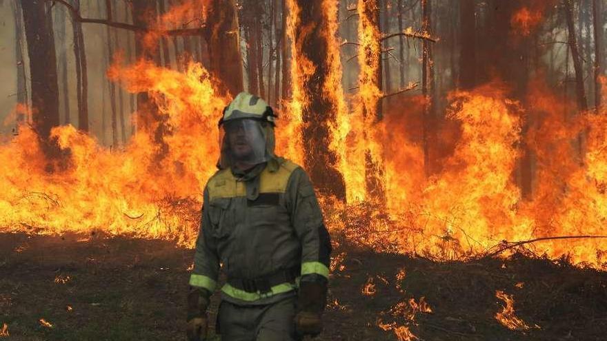 Un brigadista en el incendio que afectó ayer a Porto do Son. // Xoán Álvarez