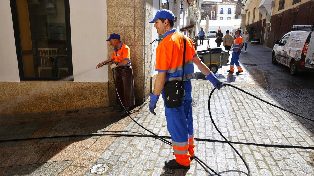 Limpieza del entorno de la ciudad monumental de Cáceres para la Semana Santa.