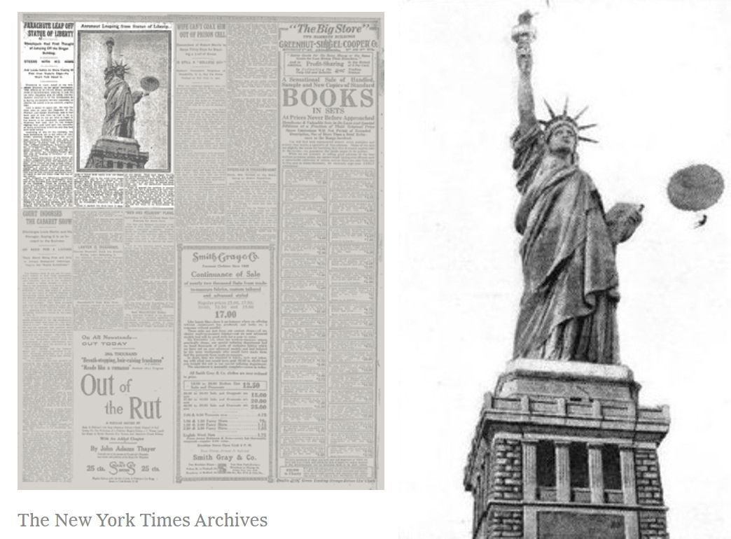 El salto en paracaídas desde la Estatua de la Libertad, relatado por el New York Times en 1912