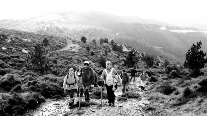 Montañeros, en una ruta por el monte Pousadoiro.