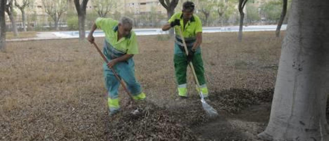 Aspecto que presentaba ayer el complejo deportivo. Abajo a la derecha, limpiando la zona.