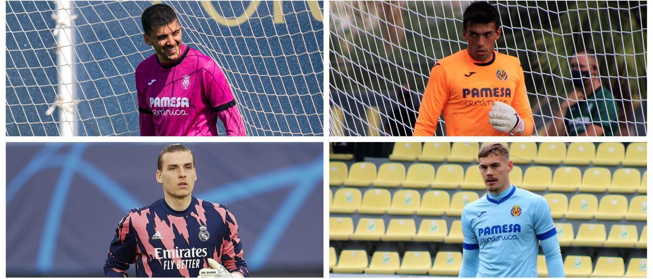 El meta del Villarreal Rulli (arriba a la izquierda), Iker Álvarez (arriba a la derecha), Filip Jörgensen (abajo a la derecha) y el meta del Real Madrid Andriy Lunin (abajo a la izquierda).