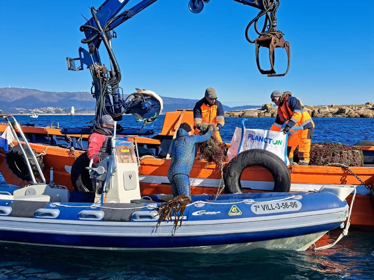 Así se elimina basura en los fondos marinos y la costa del islote Guidoiro Pedregoso.