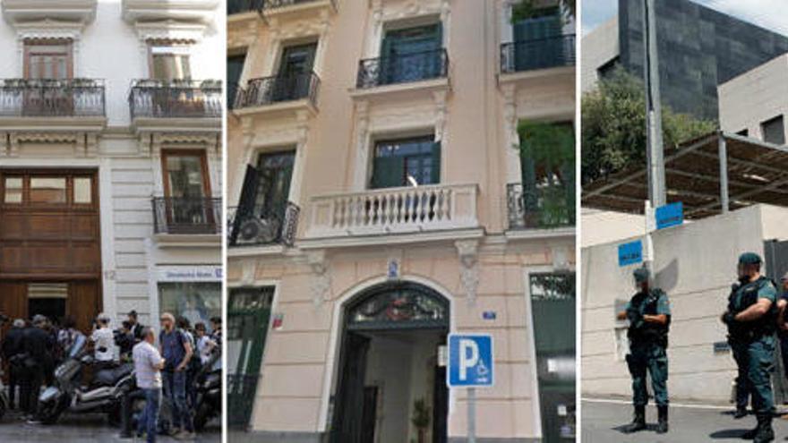 De izquierda a derecha, el inmueble de Valencia donde reside en un piso alquilado, el edificio de la calle Monte Esquinza de Madrid, y el chalé de Benidorm.