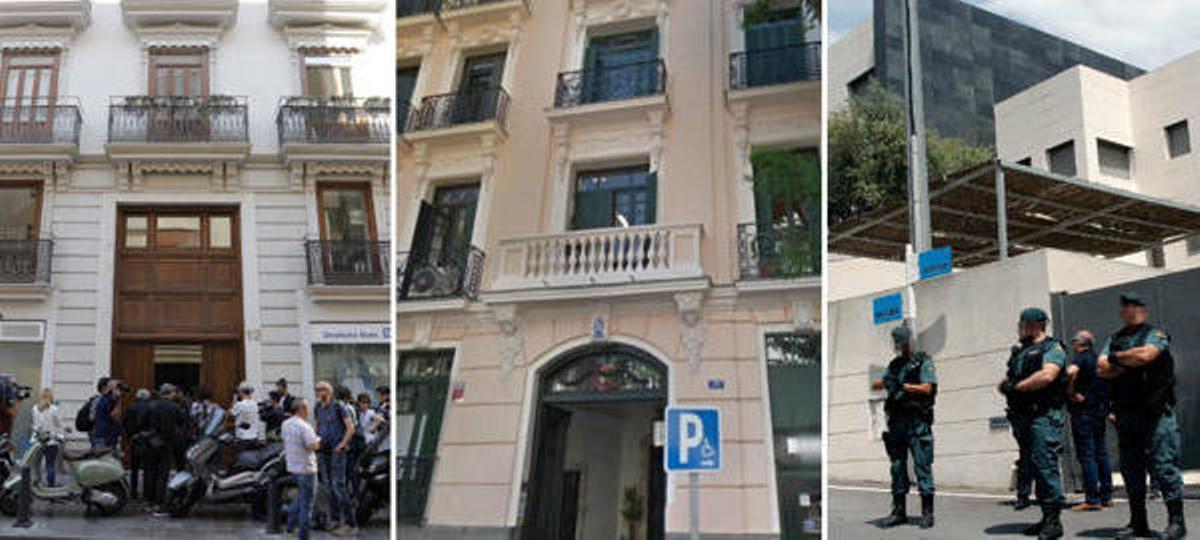 De izquierda a derecha, el inmueble de Valencia donde reside en un piso alquilado, el edificio de la calle Monte Esquinza de Madrid, y el chalé de Benidorm.