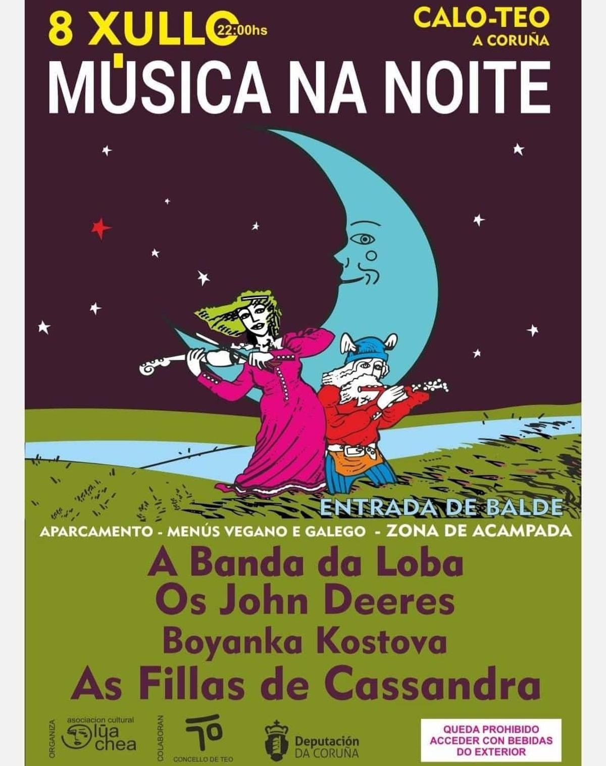 Cartel de Música na Noite que se celebrará en Calo-Teo el 8 de julio de 2023.