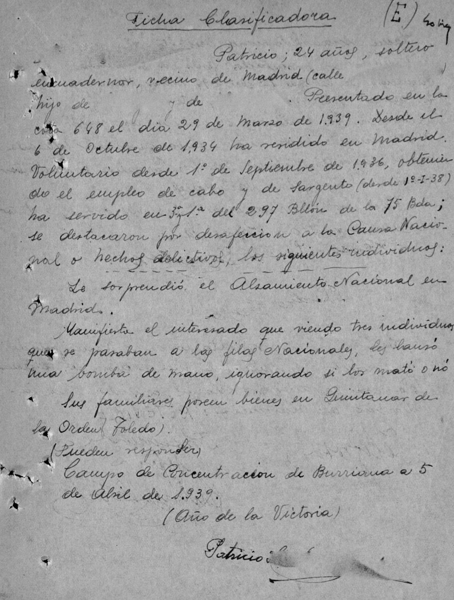 Ficha clasificatoria de un prisionero del campo de concentración de Burriana.