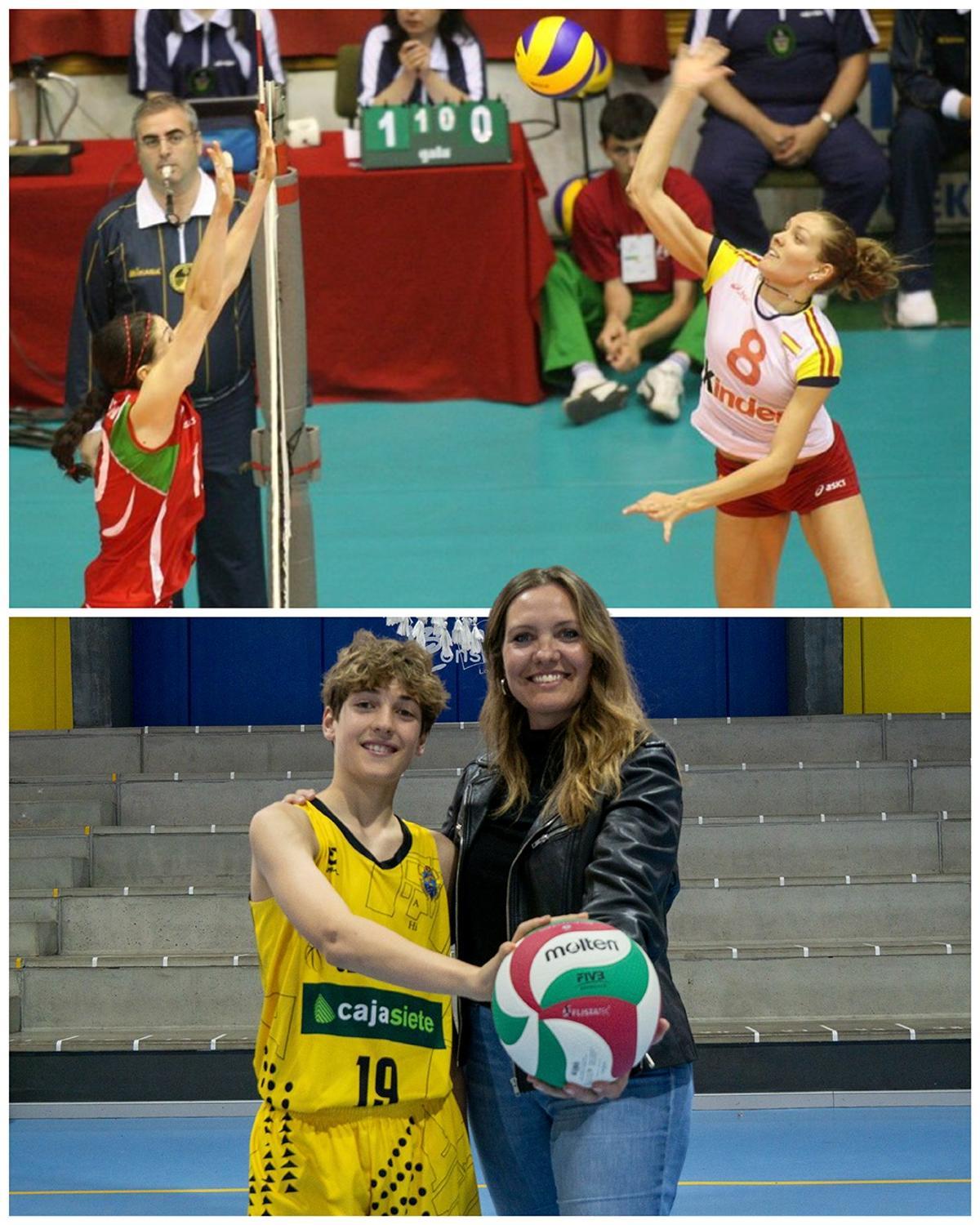 Yasmina Hernández, en un lance como jugadora y actualmente con su hijo.