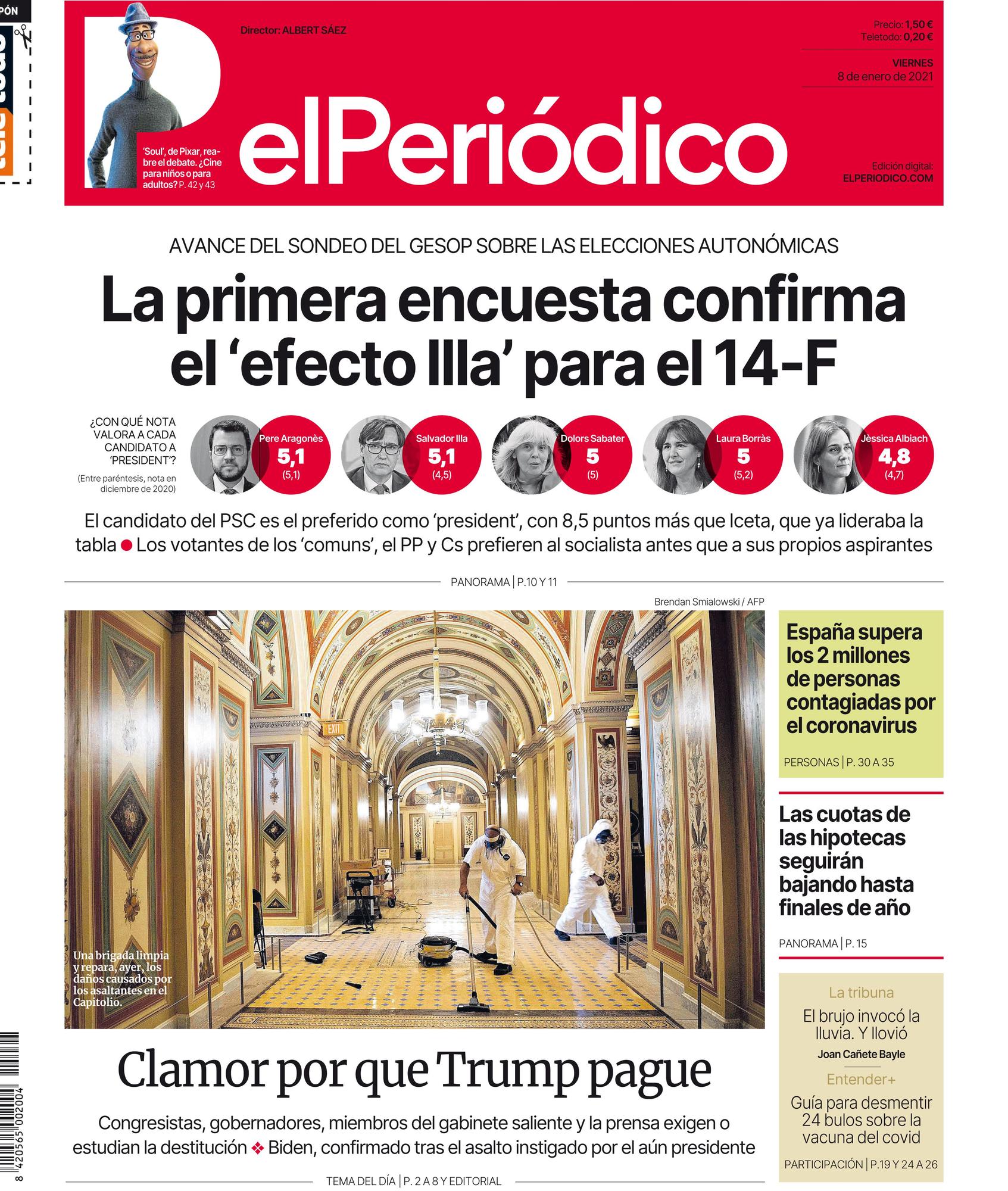 La portada de EL PERIÓDICO del 8 de enero del 2021