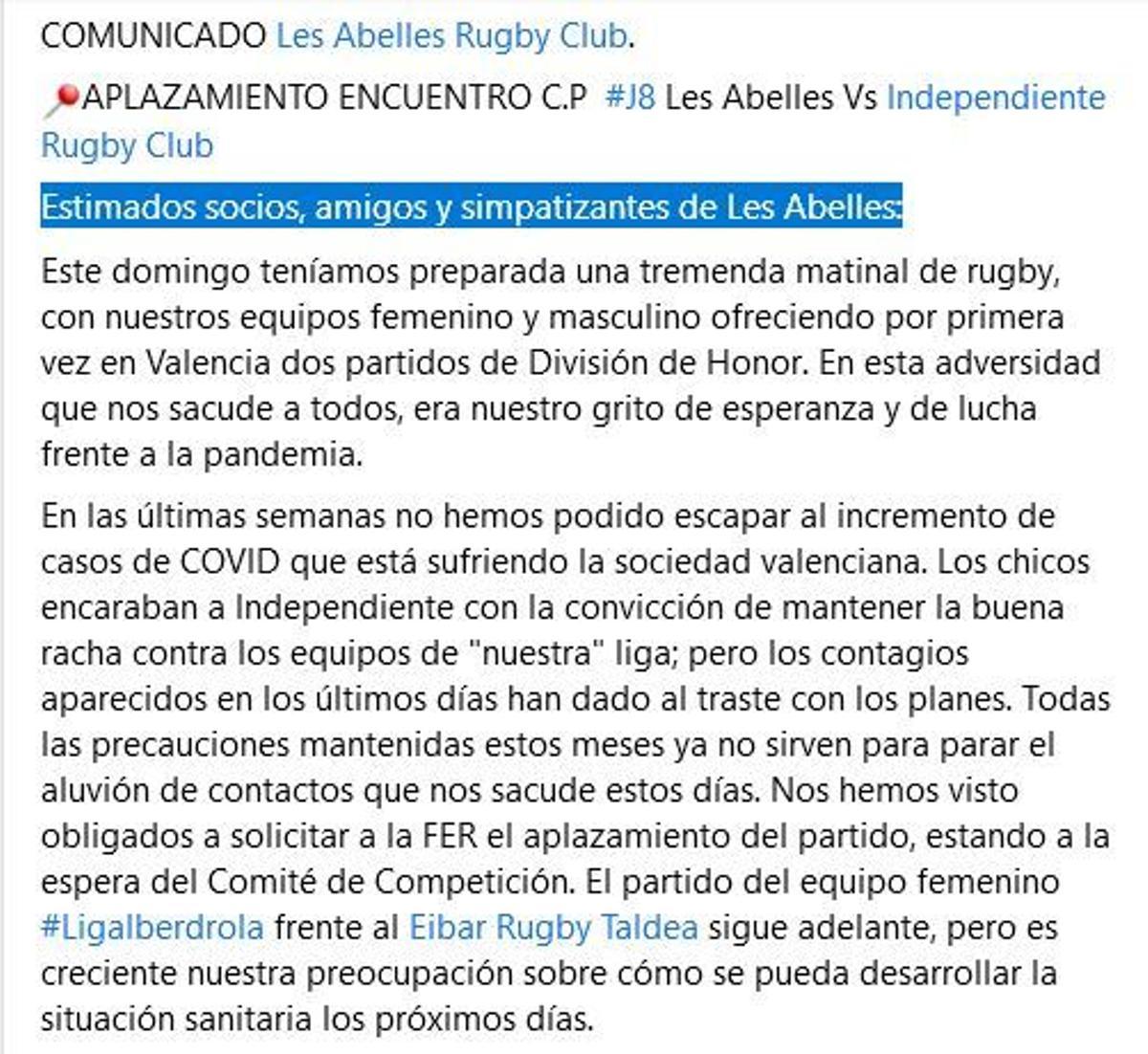 Se aplaza el partido Les Abelles- Independiente RC