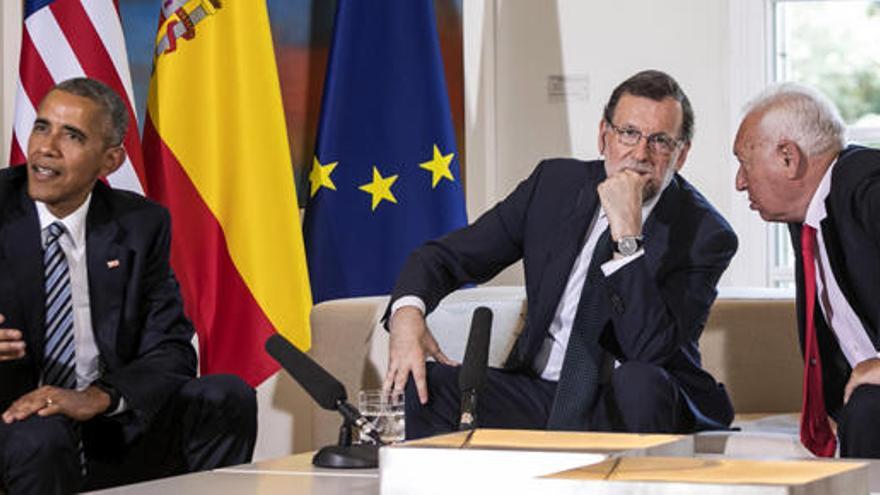 Obama, Rajoy y Margallo, en Moncloa.