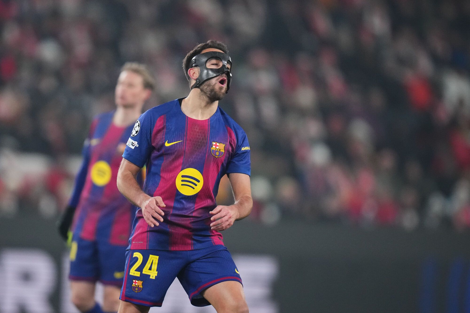 Barcelona's Eric Garcia reacts after a missed scoring opportunity during the Champions League opening phase soccer match between Slavia Prague and Barcelona in Prague, Czech Republic, Wednesday, Jan. 21, 2026. (AP Photo/Petr David Josek)