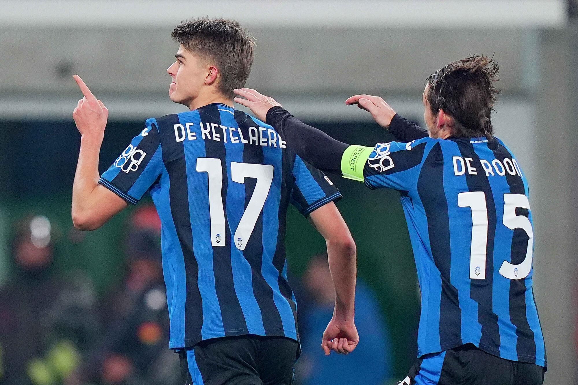 Atalanta's Charles De Ketelaere celebrates after scoring  1-1  during the Uefa Champions League soccer match between Atalanta and Real Madrid  a at the Gewiss Stadium in Bergamo, north Italy - Tuesday , December  10  , 2024. Sport - Soccer . (Photo by Spada/LaPresse)