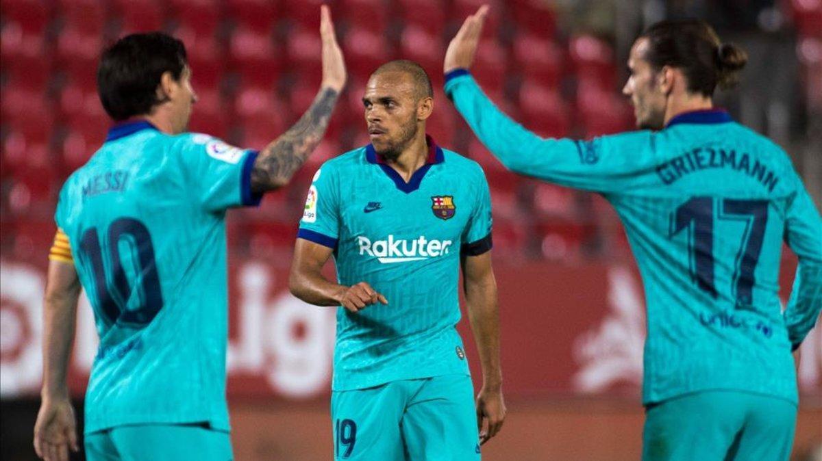 Los jugadores del Barça celebran el gol de Braithwaite