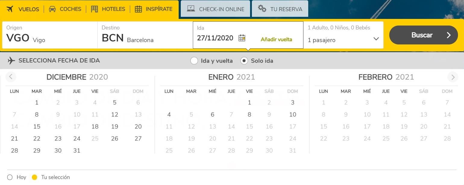 Página web de Vueling en la que no se ofrece ningún vuelo entre Vigo y Barcelona entre el 11 de enero y el 28 de febrero