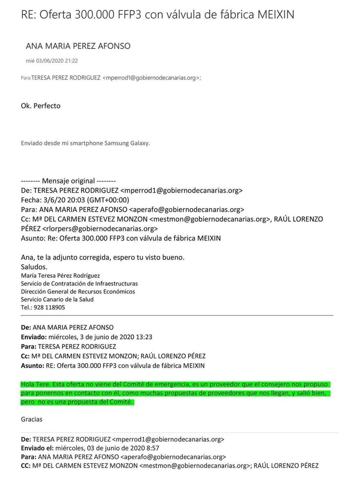 Correo entre funcionarias sobre una de las propuestas de contratación recibidas, que confirma que unas venían del comité de emergencia y otras no.