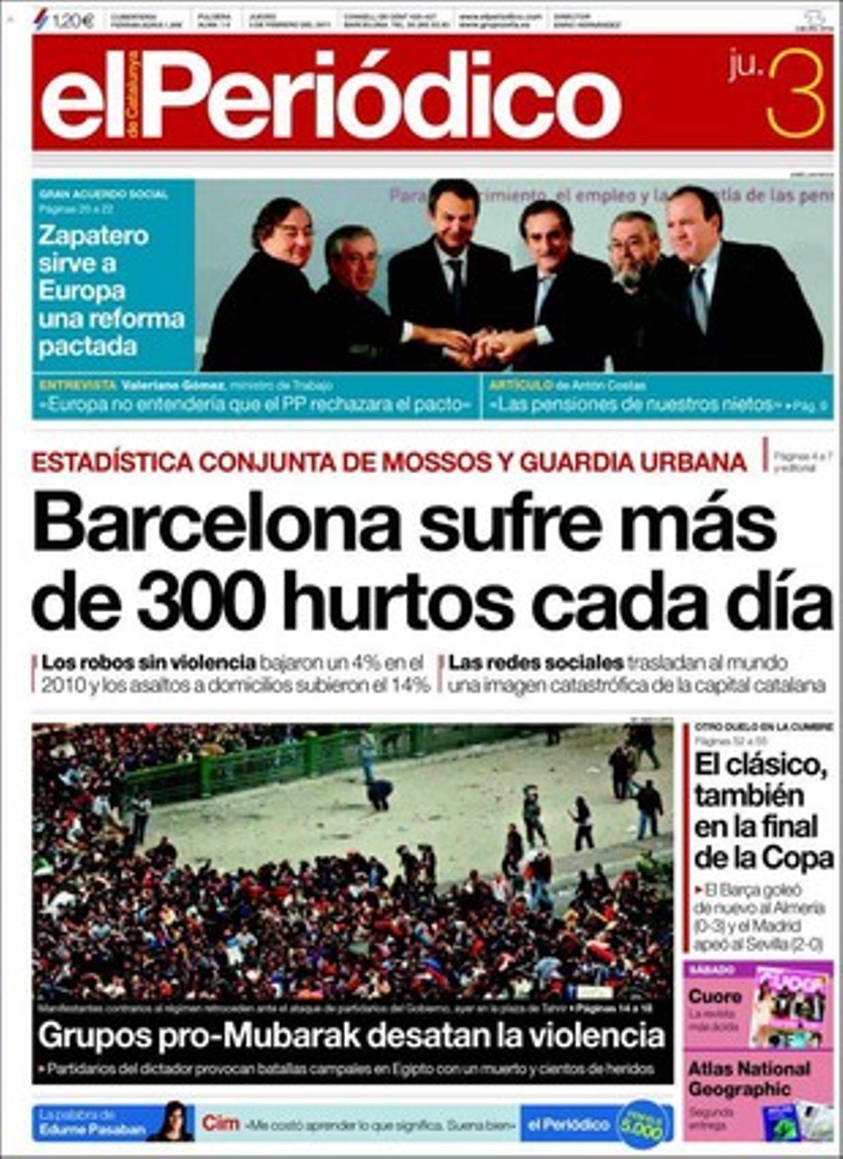 EL PERIÓDICO també destaca a dins les contradiccions i incompliments que acumula el Govern d’Artur Mas en el seu primer mes, que el sector obiolista precipita el debat congressual al PSC, que sis milions de conductors espanyols no hi veuen bé, que el Govern planeja apujar de 14 a 16 anys l’edat mínima per casar-se, el nou rècord de les xifres de l’atur a Espanya i Catalunya, que el BBVA invita els bancs estrangers a entrar a les caixes, que Merkel impulsa un pacte de rigor i competitivitat a la UE, que el petit comerç rebutja obrir més festius a Catalunya, que Barça i Madrid arriben a la final de la Copa i que el Primavera Sound desafia la crisi amb un gran cartell i el triomf de la debutant barcelonina Krizia Robustella en el 080.