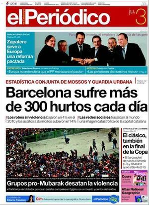 EL PERIÓDICO també destaca a dins les contradiccions i incompliments que acumula el Govern d’Artur Mas en el seu primer mes, que el sector obiolista precipita el debat congressual al PSC, que sis milions de conductors espanyols no hi veuen bé, que el Govern planeja apujar de 14 a 16 anys l’edat mínima per casar-se, el nou rècord de les xifres de l’atur a Espanya i Catalunya, que el BBVA invita els bancs estrangers a entrar a les caixes, que Merkel impulsa un pacte de rigor i competitivitat a la UE, que el petit comerç rebutja obrir més festius a Catalunya, que Barça i Madrid arriben a la final de la Copa i que el Primavera Sound desafia la crisi amb un gran cartell i el triomf de la debutant barcelonina Krizia Robustella en el 080.